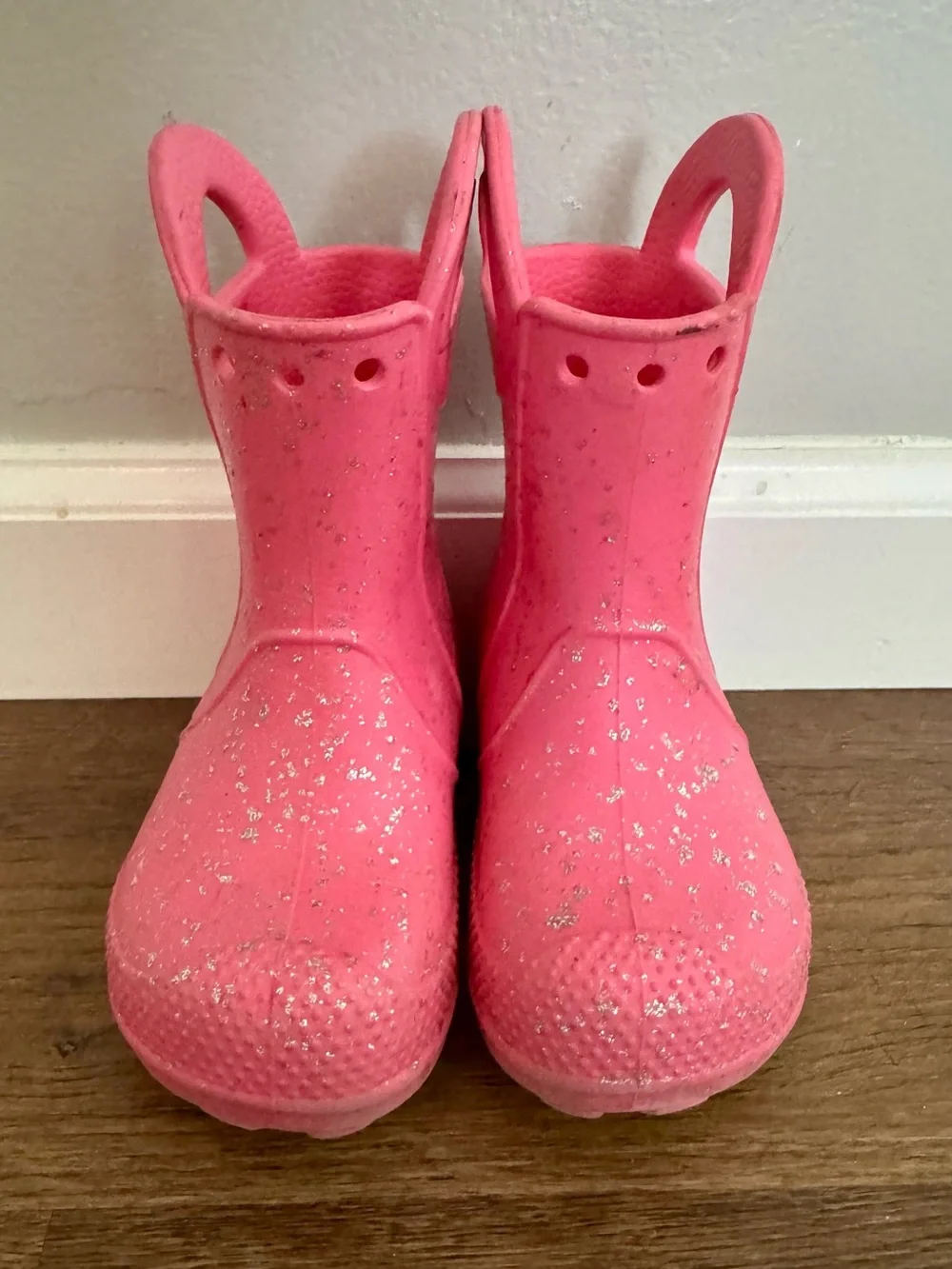 CROCS Kids Pink Sparkle Rain Boots with Pull Handles
